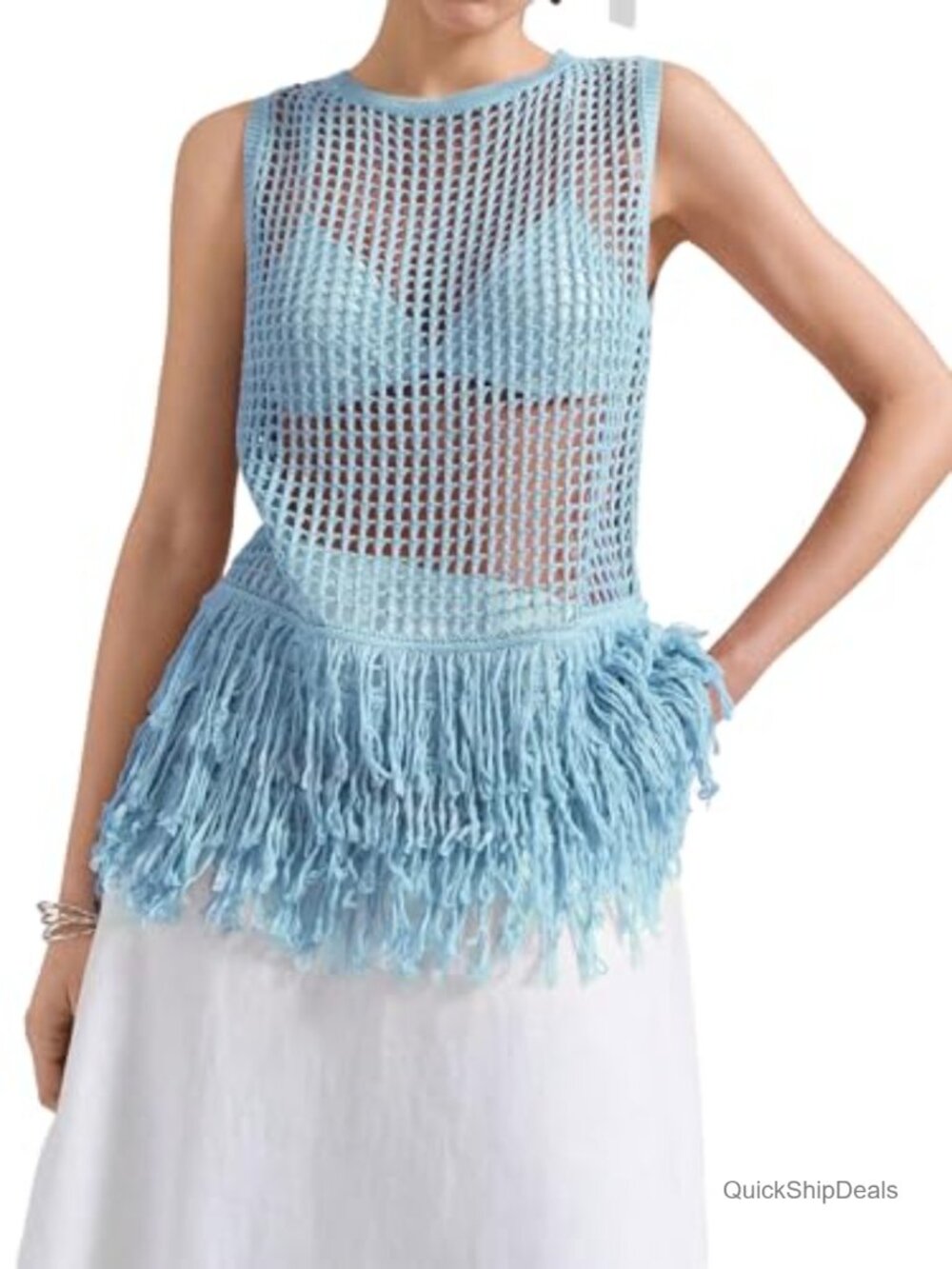 Women's Crochet Fringe Tank Top Sleeveless Hollow Out Summer Vest